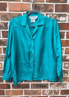 Maurada 100% Silk Blouse Women's Size 10 Teal Button Front Long Sleeve Shirt